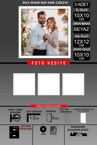 yhfoto 3Pcs 10X10 Frame - Fine Slatted Frame - White Frame - Square Frame - Photo Frame