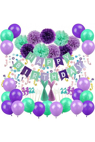 ZERODECO mermaid birthday decoration set, paper/latex, turquoise/purple, 67 pieces