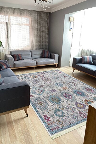 VOPTEKS Vintage Renkli Halı Salon Halısı Makinede Yıkanabilir Kaymaz Taban Halı