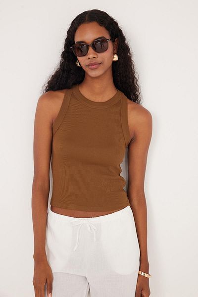 Tudors Γυναικείο Slim Fit Halter Collar Modal Υφασμάτινο Καφέ Σώμα Μονό