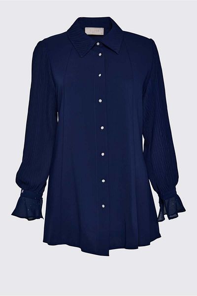 Zühre Buttoned Navy Blue Tunic with Sleeve Detail T-1588