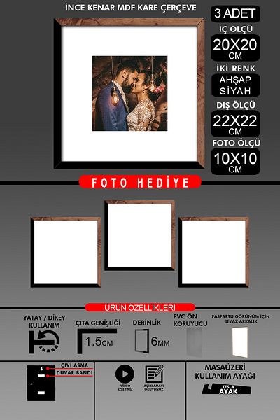 bymat 3Pcs 20X20 Frame - Thin Slatted Frame - 2 Colors Wood Black - Square Frame Photo Frame