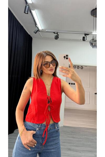 Daves Linen Vest with Tie Detail Pomegranate