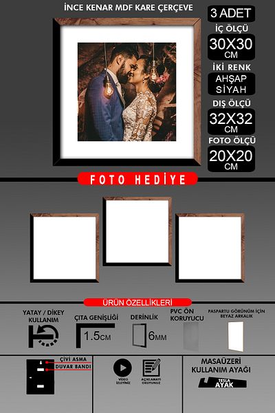 yhfoto 3Pcs 30X30 Frame - Thin Slatted Frame - 2 Colors Wood Black - Square Frame Photo Frame