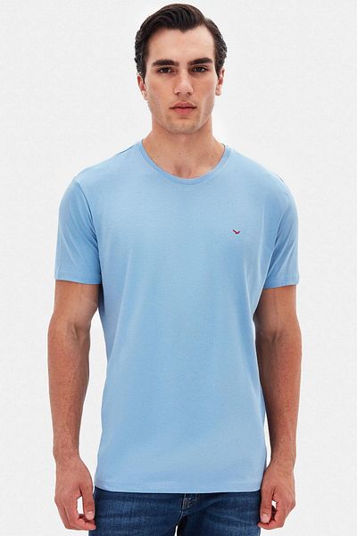 D'S Damat Ds Damat Regular Fit Light Indigo Plain Embroidered 100% Cotton T-Shirt