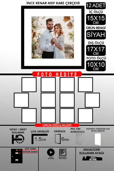 Bytwo 12 bucăți 15x15 cadru - cadru cu șipci subțiri - cadru negru - cadru pătrat - rama foto