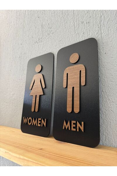 UNT Wc Toilet Direction Sign Set of Two, 25X12 Cm, Black Floor, Gold - Silver - Walnut