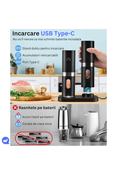 WEBYO Set 2 Rasnite electrice sare piper si condimente, Lame ceramice, Control finetea macinarii, Negru