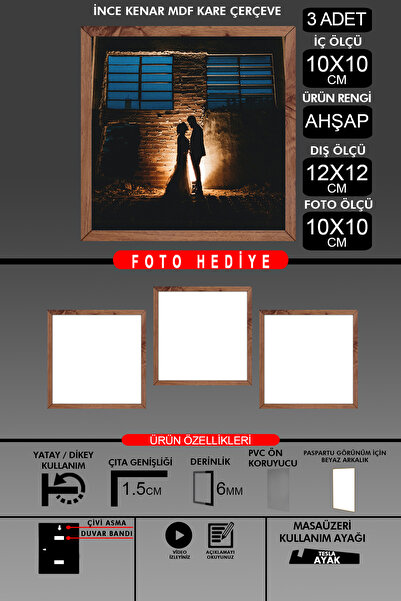 yhfoto 3 komada okvira 10x10 - tanki letvičasti okvir - drveni okvir - kvadra...
