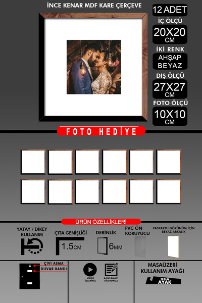 bymat 12 bucăți 20x20 rame - rame subțiri - 2 culori lemn negru - rame pătrate rame foto