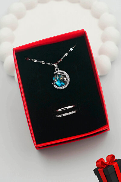 TREND COLLECTİON Kadın Paslanmaz Çelik Gümüş Gökyüzü Kolye Ve Zirkon Taşlı Yüzük Set