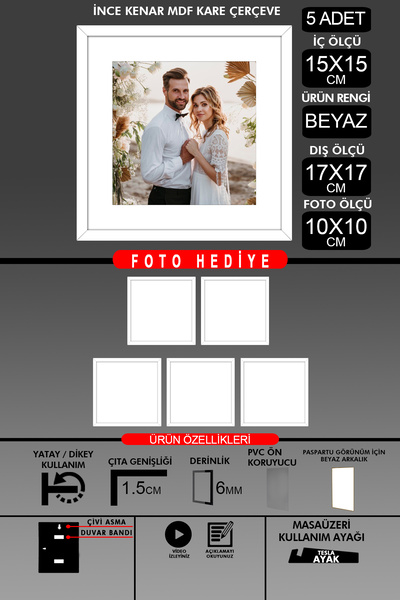 bymat 5 Pieces 15X15 Frame - Thin Slatted Frame - White Frame - Square Frame - Photo Frame