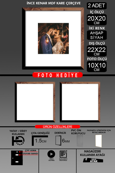 Bytwo 2Pcs 20X20 Frame - Thin Slatted Frame - 2 Colors Wood Black - Square Frame Photo Frame
