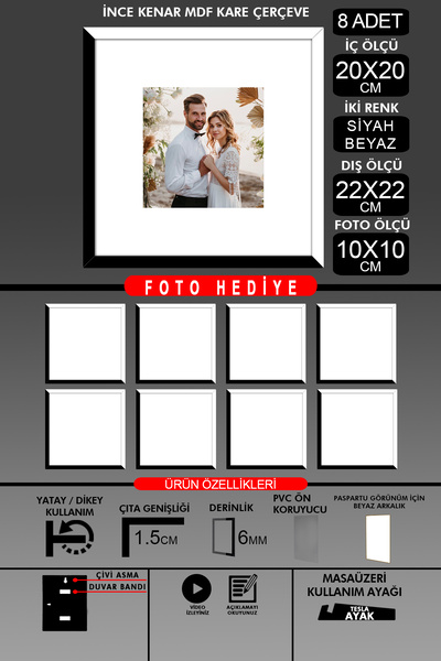 Bytwo 8Pcs 20X20 Frame - Thin Slatted Frame - 2 Colors Black White - Square Frame Photo Frame