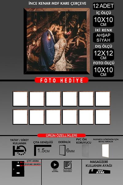 Bytwo 12Pcs 10X10 Frame - Fine Slatted Frame - 2 Colors Wood Black - Square Frame Photo Frame