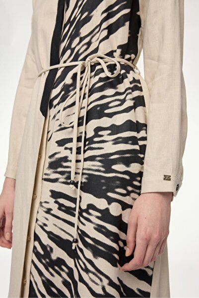 Zühre Judge Collar Patterned Long Beige Tunic T-1584