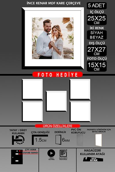 Bytwo 5Pcs 25X25 Frame - Fine Slatted Frame - 2 Colors Black White - Square Frame Photo Frame