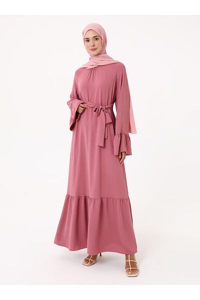 Refka Hijab Dress with Flange Detail on the Sleeves - Dark Rose-