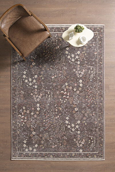 venucci home & living Frezia Floral Bambu Polyester Oturma Odası Salon Mutfak Halısı Eskitme Çiçekli Vintage Halı