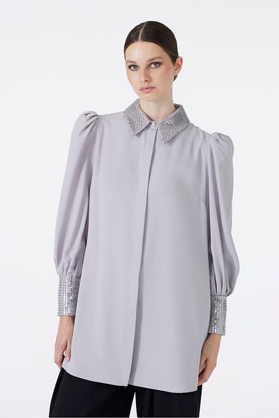 Zühre Stone Detailed Balloon Sleeve Gray Tunic T-1452