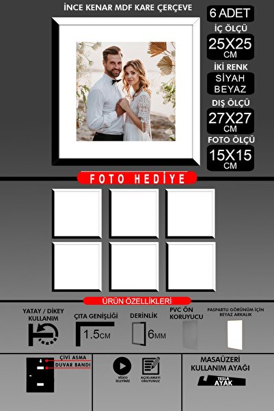 yhfoto 6Pcs 25X25 Frame - Thin Slatted Frame - 2 Colors Black White - Square Frame Photo Frame