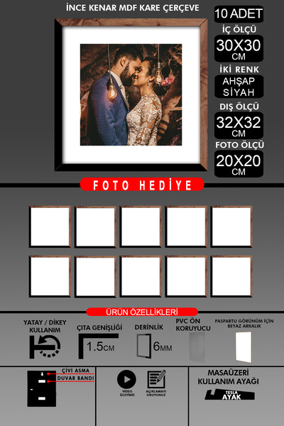 yhfoto 10 Pieces 30X30 Frame - Thin Slatted Frame - 2 Colors Wood Black - Square Frame Photo Frame