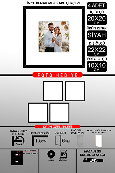 bymat 4 bucăți 20x20 cadru - cadru cu șipci subțiri - cadru negru - cadru pătrat - rama foto