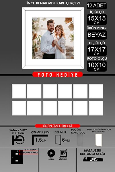 bymat 12 Pieces 15X15 Frame - Thin Slatted Frame - White Frame - Square Frame - Photo Frame