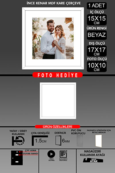 bymat 1 Adet 15x15 Çerçeve - İnce Çıtalı Çerçeve - Beyaz Çerçeve - Kare Çerçe...