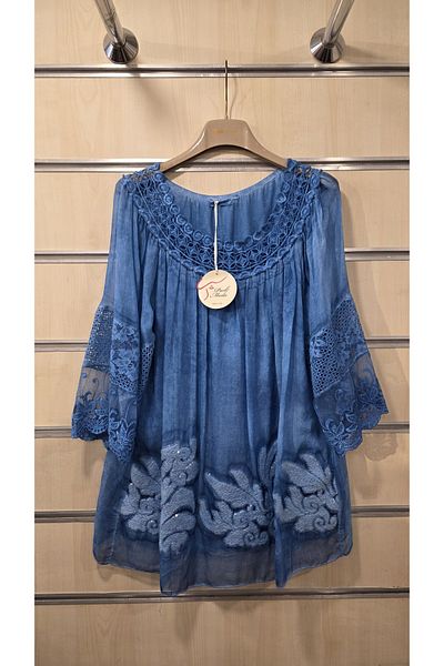 Park Moda Silk Blouse Floral Embossed Lace Detail