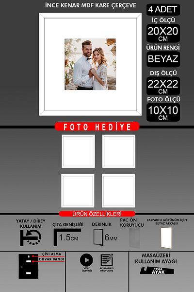 bymat 4 Pieces 20X20 Frame - Thin Slatted Frame - White Frame - Square Frame - Photo Frame