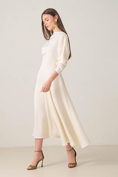 Setre Cream Full Mold Long Sleeve Asymmetrical Detail Dress in Skirt