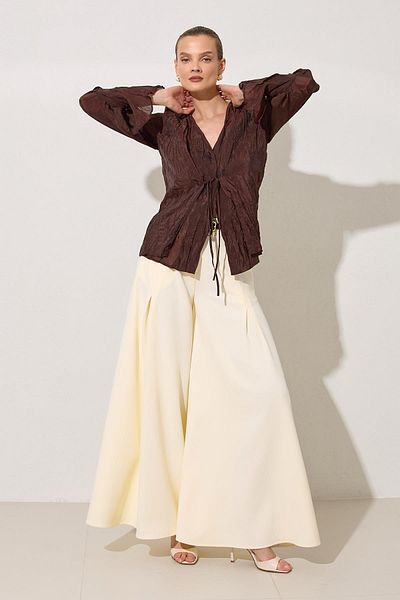 Setre Brown Flowy V-Neck Casual Cut Blouse with Belt Detail