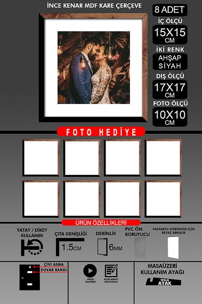 Bytwo 8 Pieces 15X15 Frame - Thin Slatted Frame - 2 Colors Wood Black - Square Frame Photo Frame