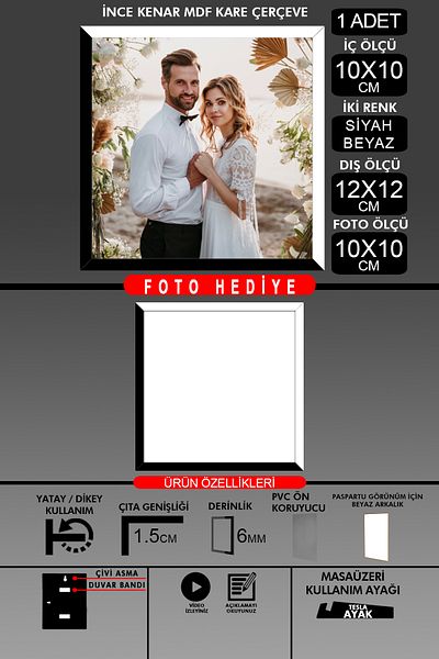 yhfoto 1Pcs 10X10 Frame - Fine Slatted Frame - 2 Colors Black White - Square Frame Photo Frame