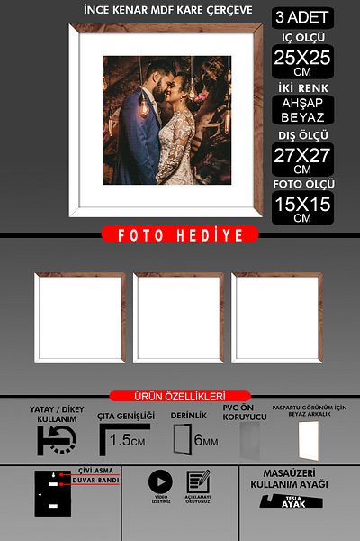 Bytwo 3 Pieces 25X25 Frame - Thin Slatted Frame - 2 Colors White Wood - Square Frame Photo Frame