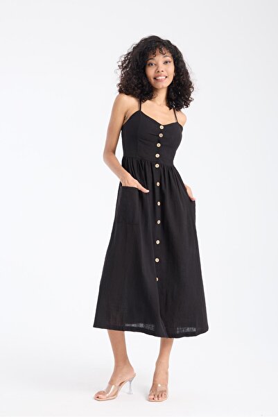 White By Nature Black Dress with Coco Buttons and Straps
