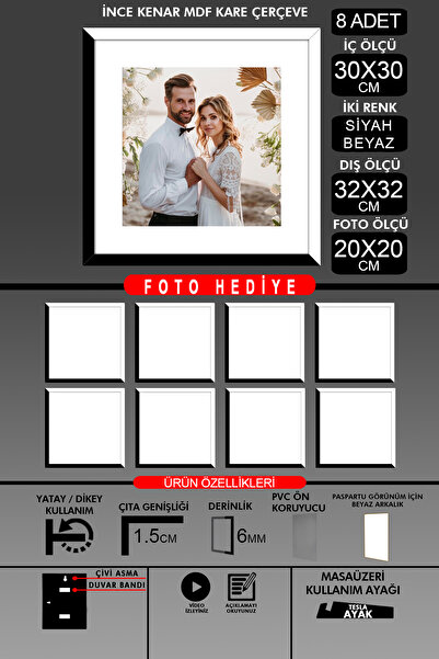 Bytwo 8 Pieces 30X30 Frame - Thin Slatted Frame - 2 Colors Black White - Square Frame Photo Frame