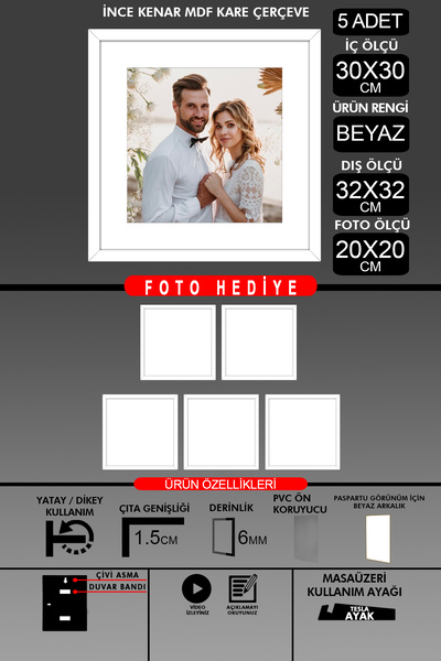 bymat 5 Pieces 30X30 Frame - Thin Slatted Frame - White Frame - Square Frame - Photo Frame