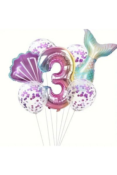 parti sürprizi Mermaid Tail Purple Confetti 3 Years Old Foil Balloon Set