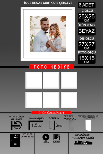 yhfoto 6 Pieces 25X25 Frame - Thin Slatted Frame - White Frame - Square Frame - Photo Frame