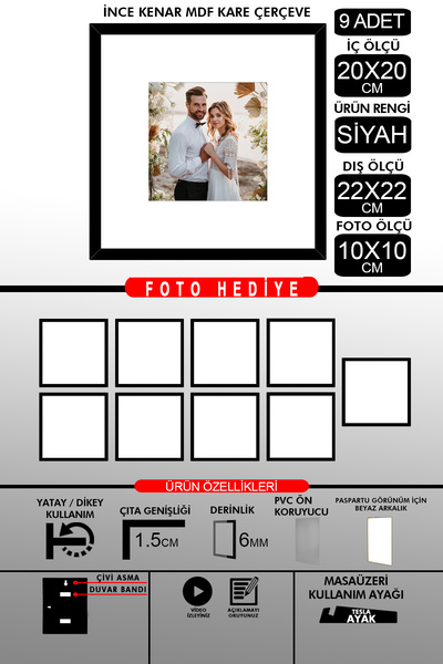 bymat 9 Pieces 20X20 Frame - Thin Slatted Frame - Black Frame - Square Frame - Photo Frame