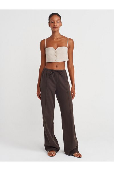 Dilvin 72030 Ribbed Stitched Elastic Denim Trousers-Brown