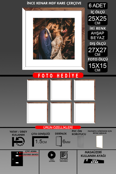 bymat 6 Pieces 25X25 Frame - Thin Slatted Frame - 2 Colors White Wood - Square Frame Photo Frame