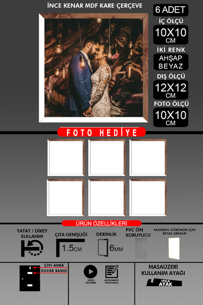 bymat 6Pcs 10X10 Frame - Fine Slatted Frame - 2 Colors White Wood- Square Frame Photo Frame