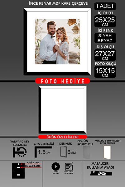 bymat 1Pcs 25X25 Frame - Thin Slatted Frame - 2 Colors Black White - Square Frame Photo Frame