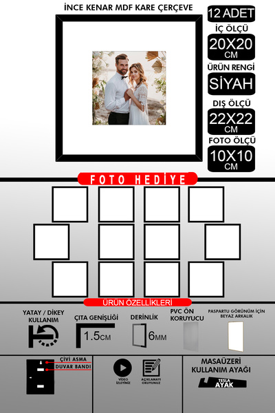 bymat 12 bucăți 20x20 cadru - cadru cu șipci subțiri - cadru negru - cadru pătrat - rama foto