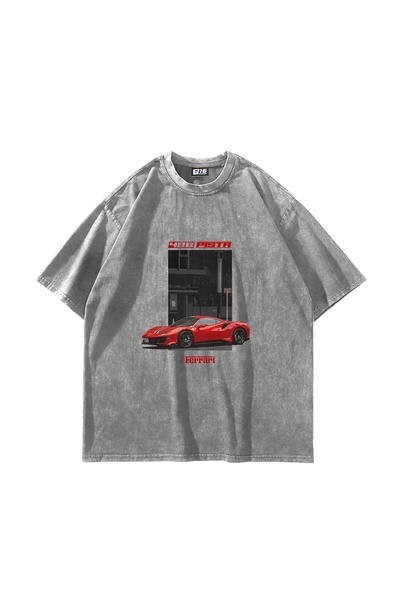 Bak Moda Tricou alb lavabil unisex oversize cu imprimeu 488 Pista