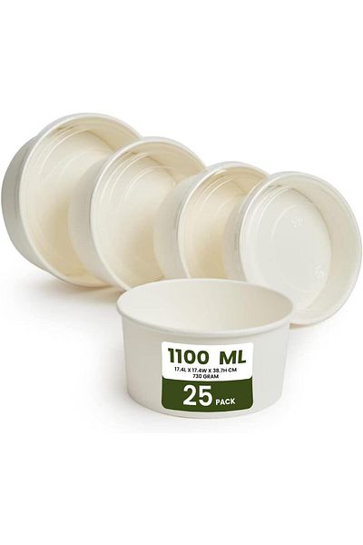 T7 Disposable Paper Bowls Heavy Duty - [38 Ounce - 1100 Ml, Pack Of 25] with Lids