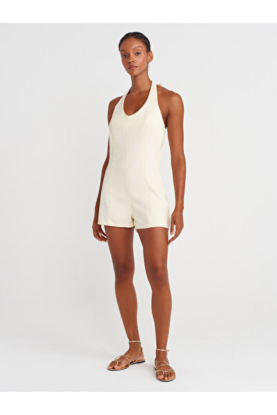 Dilvin 72029 Halter Neck Short Denim Jumpsuit-Yellow